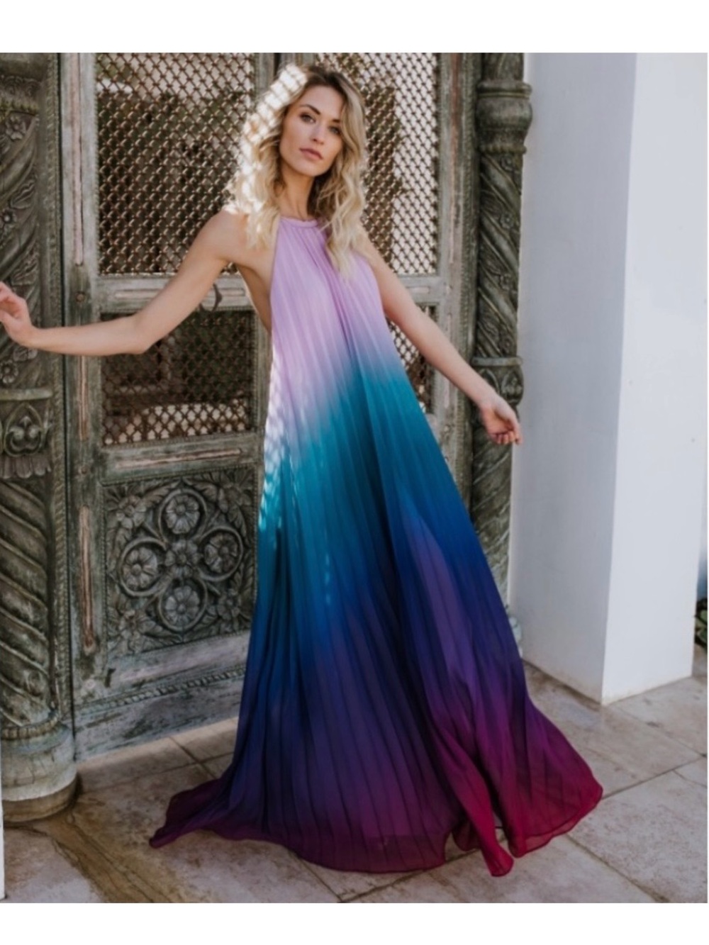 Gradient Halter Maxi Dress in Purple to Teal Ombre
